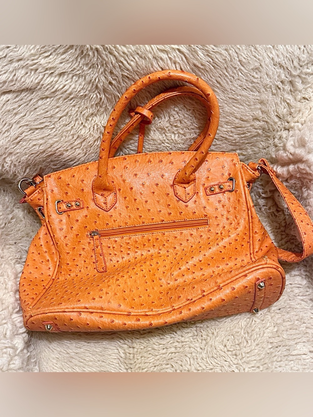 Orange Faux-Ostrich Tote Handbag